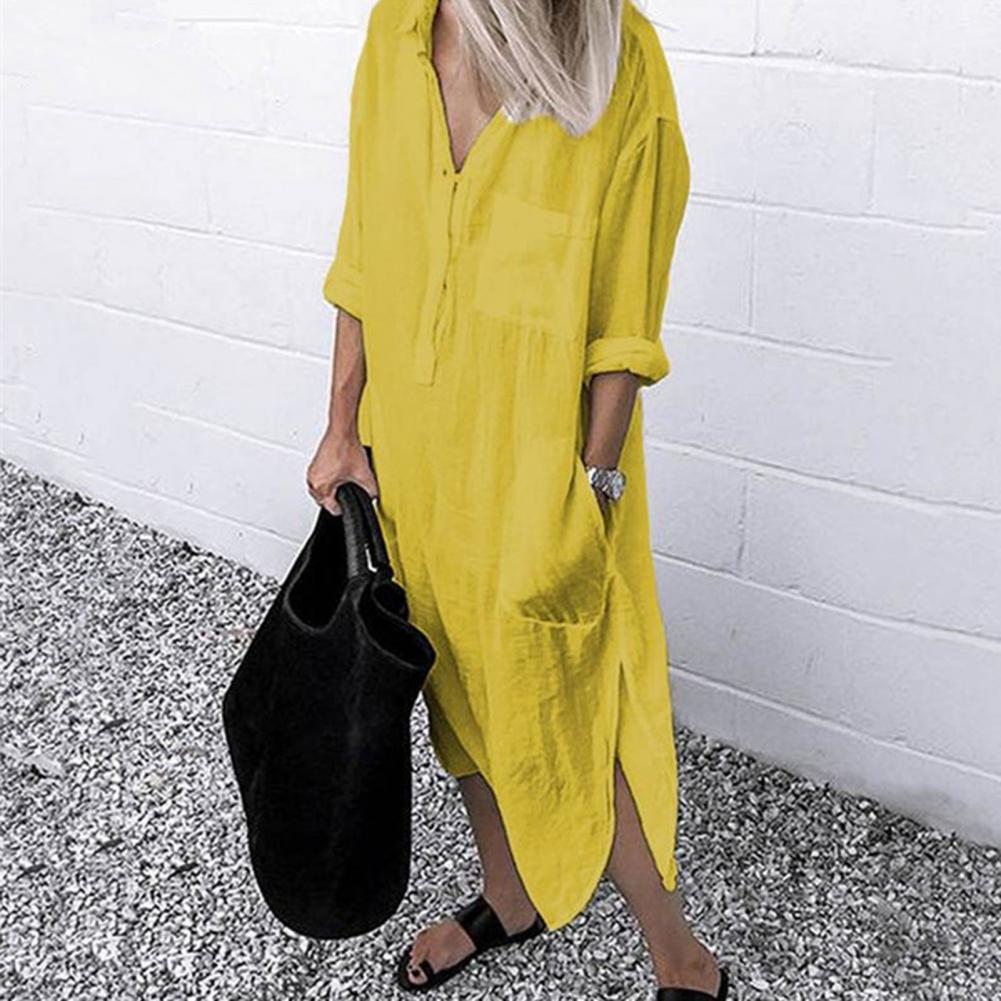 Robe chemise pour femme 2026, robe longue ample à fente latérale, robe chemise décontractée à manches longues boutonnée, printemps été