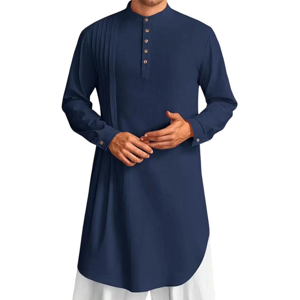 Robe caftan en coton et lin pour hommes – Thobe boutonné à manches longues pour la prière, style décontracté et arabe |   Respirant et confortable