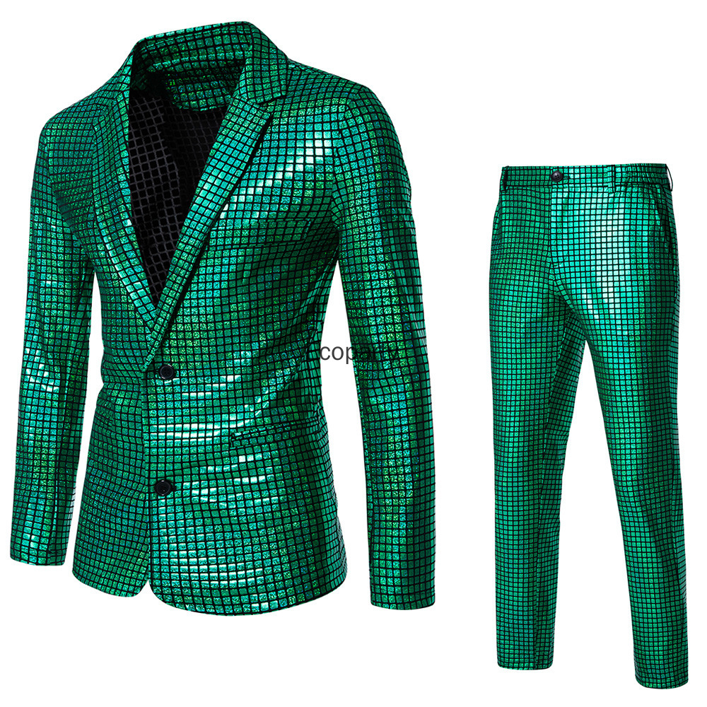 Costume de disco des années 70 pour homme, veste et pantalon à paillettes métalliques arc-en-ciel, costume de fête d'Halloween, ensemble brillant pour scène et boîte de nuit