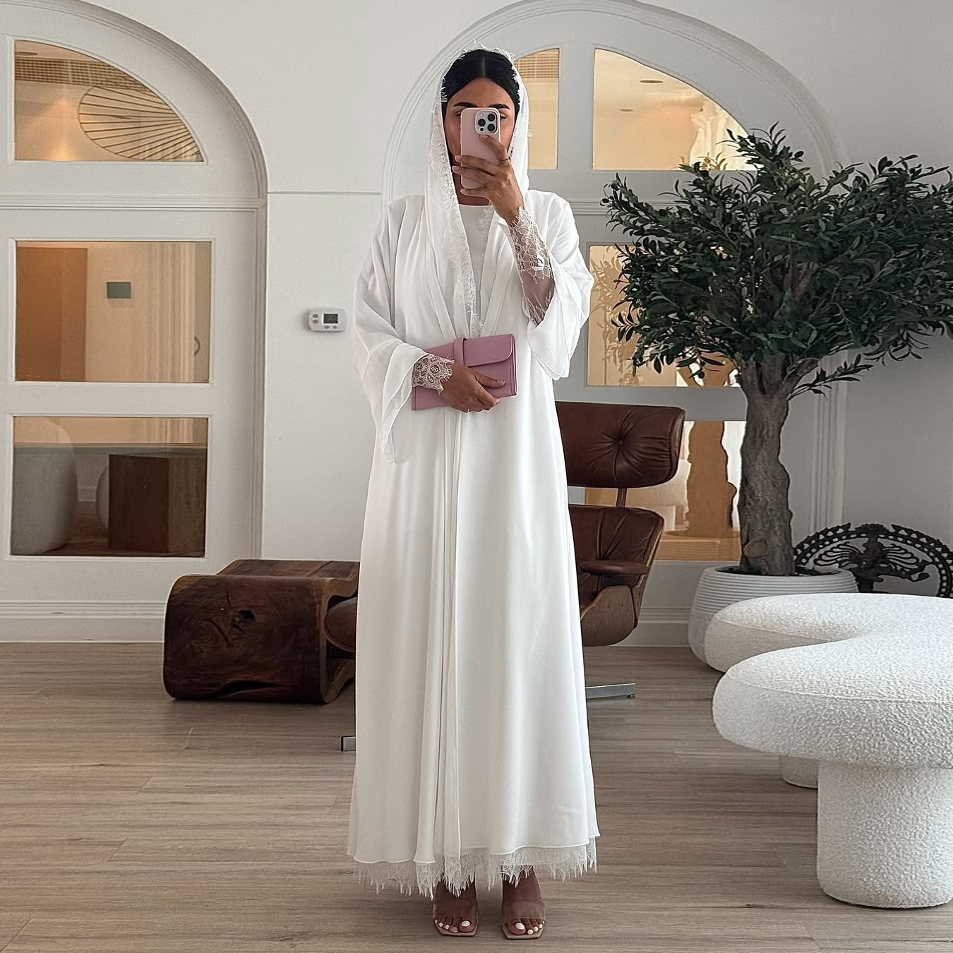 Abaya ouverte en mousseline blanche pour femmes musulmanes, luxe Dubaï 2026, ensemble robe hijab à manches en dentelle, Kaftan long modeste pour l'Aïd et le Ramadan, robe de soirée