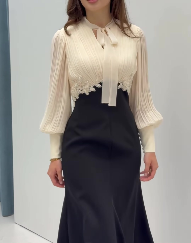Nouvelle Robe Décontractée Femme Printemps-Été 2026 à Lacets, Coupe Slim, Manches Longues, Style Patchwork S215a