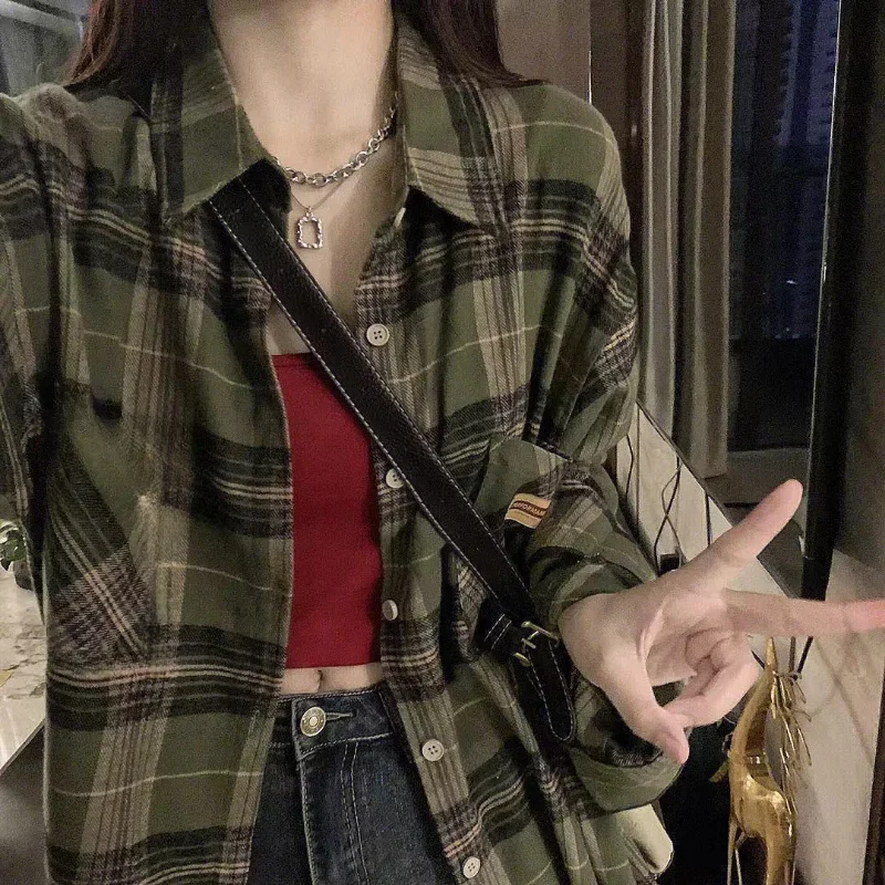 Chemise Tartan à manches longues pour femmes, col boutonné, surdimensionnée, à carreaux, veste Grunge, mode adolescente, tenue printemps été