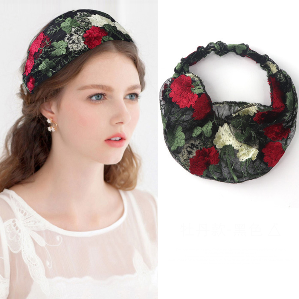 Serre-têtes élastiques pour femmes, brodés de dentelle florale, en mousseline, avec nœuds croisés, accessoires pour cheveux