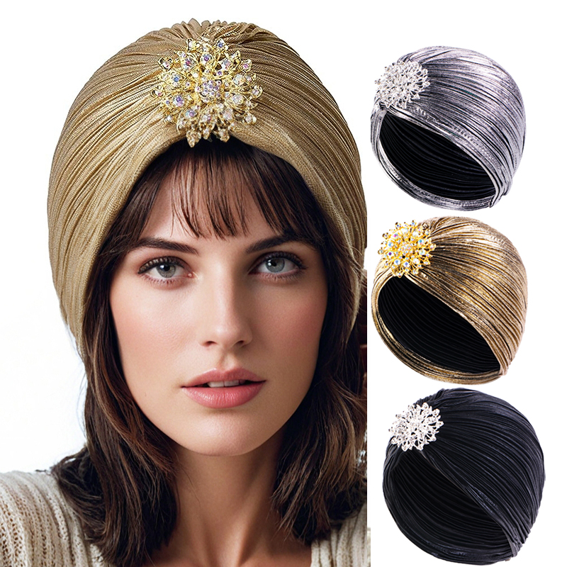 Mode plissée dames diamant bijou Turban chapeau femmes chimio Bandana Hijab casquette indienne ethnique Turbante chapeau dames cheveux accessoires