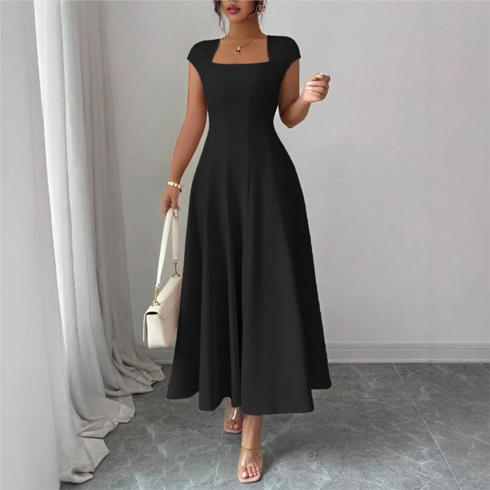 Robe de soirée élégante 2026 pour femme, coupe trapèze, pour fête, mariage, ou banquet, à manches courtes, couleur unie, style raffiné