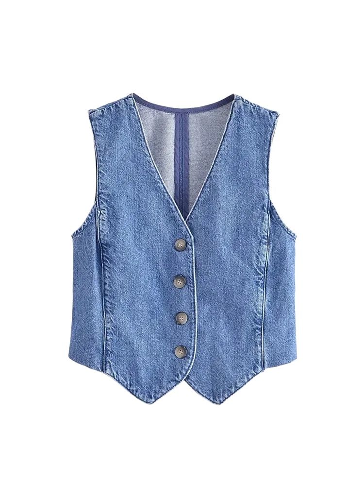 Femmes mode avant bouton Denim gilet Vintage col en V sans manches vêtements de dessus pour femmes Chic gilet hauts