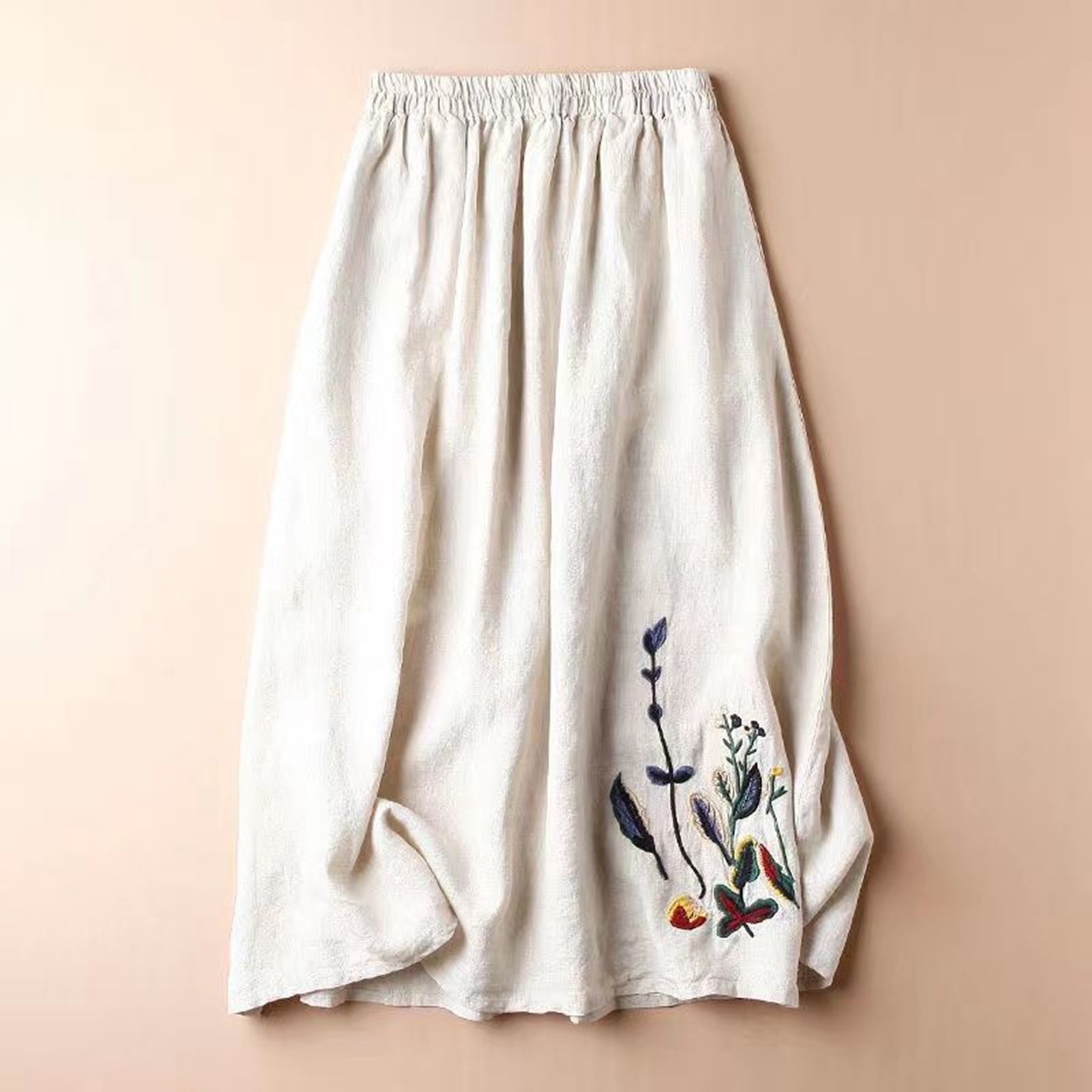 Jupe mi-longue évasée vintage en coton et lin brodée de fleurs pour femme, coupe ajustée, style A-line, Roupas Feminina Alo VêTement Femme
