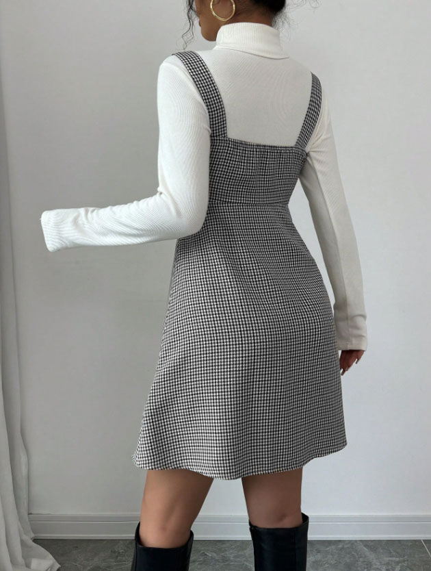 Robe salopette vintage pied-de-poule pour femme, taille haute, coupe trapèze, mini-robe sans manches avec bretelles boutonnées réglables