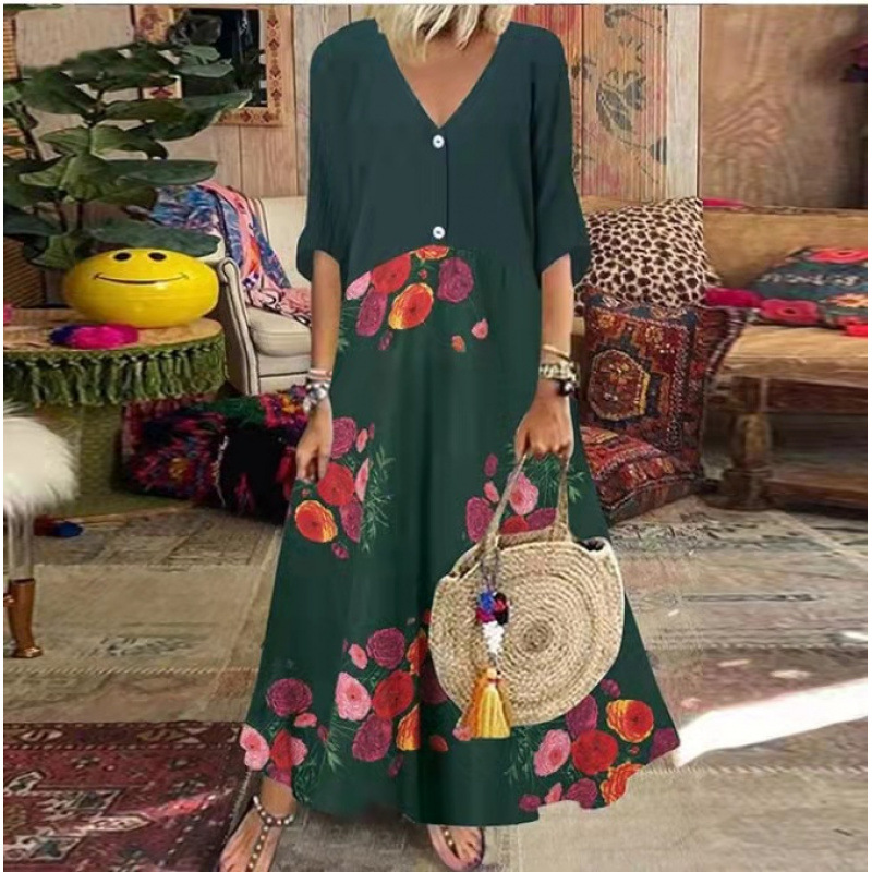 Robes pour femmes 2026, nouvelles robes longues décontractées à col en V, manches mi-longues, imprimées, boutonnées, vêtements pour femmes, vestidoes