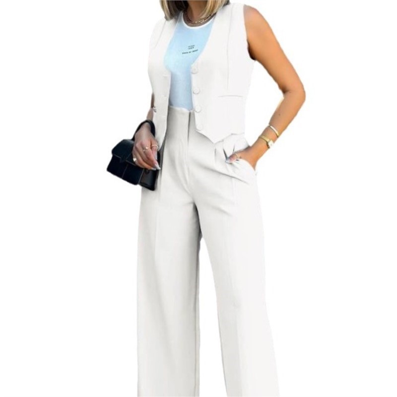 Costume pour femmes, gilet élégant pour dames, ensemble pantalon Baggy, pantalon de travail régulier, gilet sans manches, taille haute, jambes larges, ensembles de 2 pièces