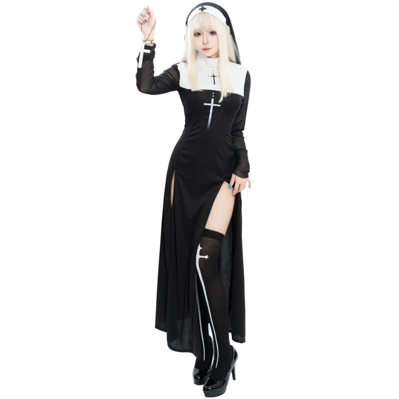 Costume d'halloween Sexy pour femmes adultes, Robe fantaisie de Cosplay de nonne Anime, Robe gothique longue noire, uniforme de fête de carnaval, événements à thème