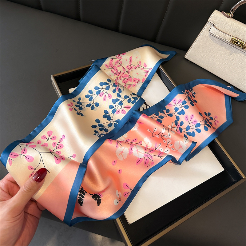 Châle de luxe à motif de fleurs roses pour femmes, longue et étroite, sensation de soie, petit foulard en soie, bandeau Double face, accessoires