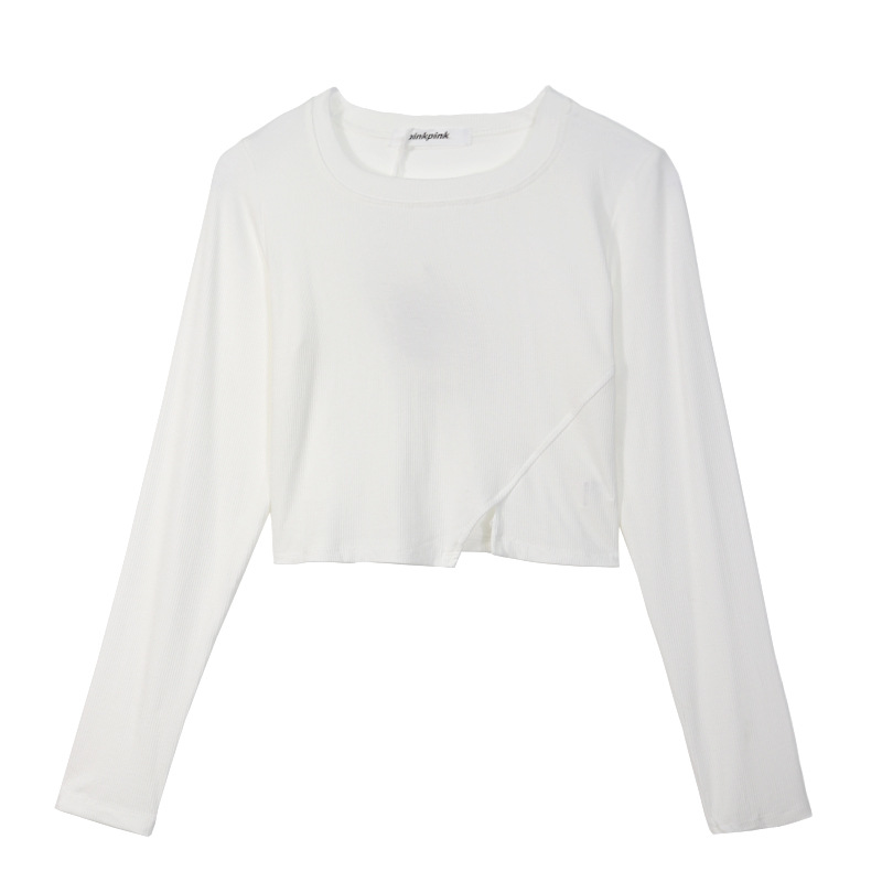 T-shirt pour femmes, vêtement d'automne, col rond, basique, manches longues fendues, couleur unie, t-shirt élégant et ajusté pour étudiantes.