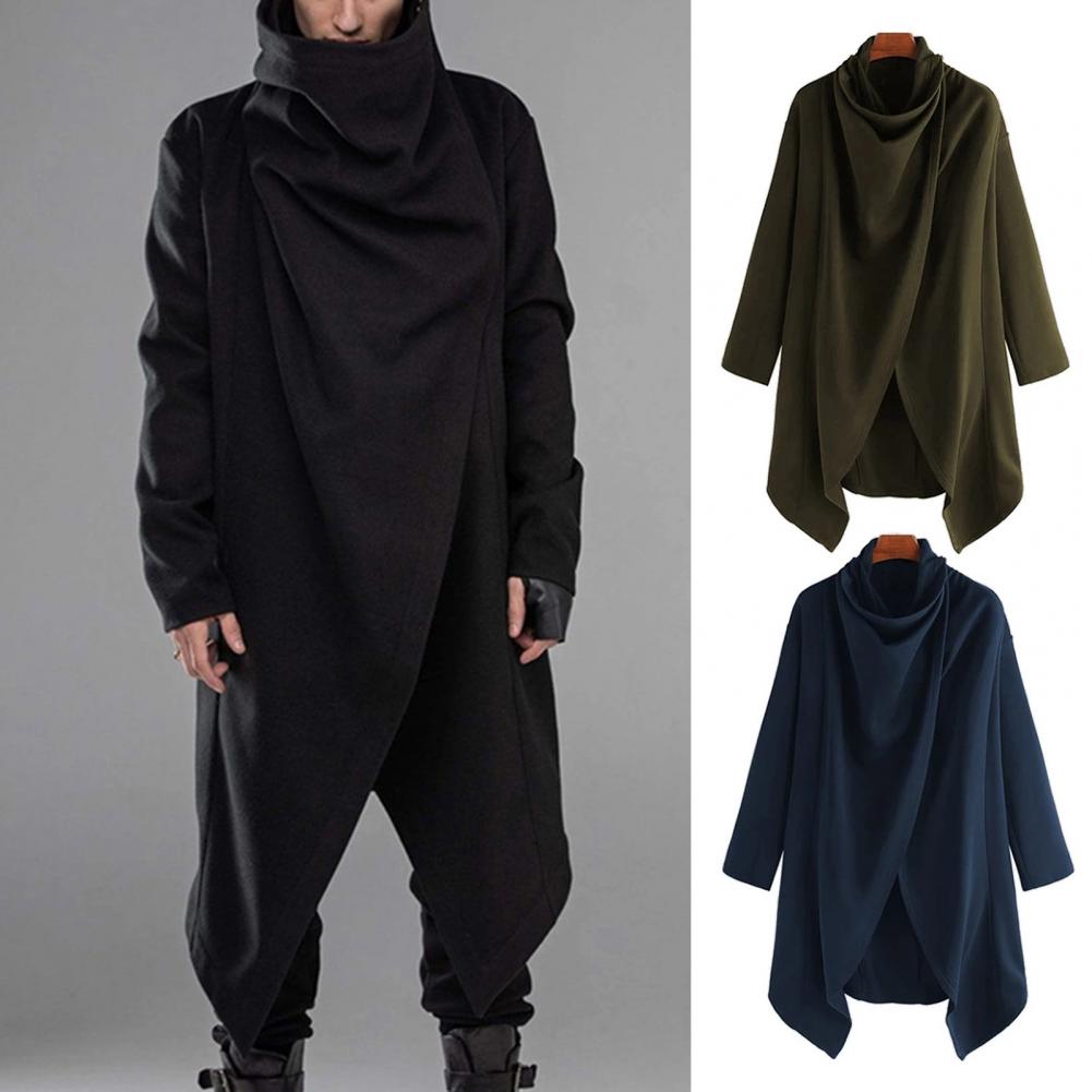 Veste mi-longue en mélange de laine Everak pour homme, style noir, col haut, ourlet irrégulier, coupe-vent de style de rue, salopette vintage