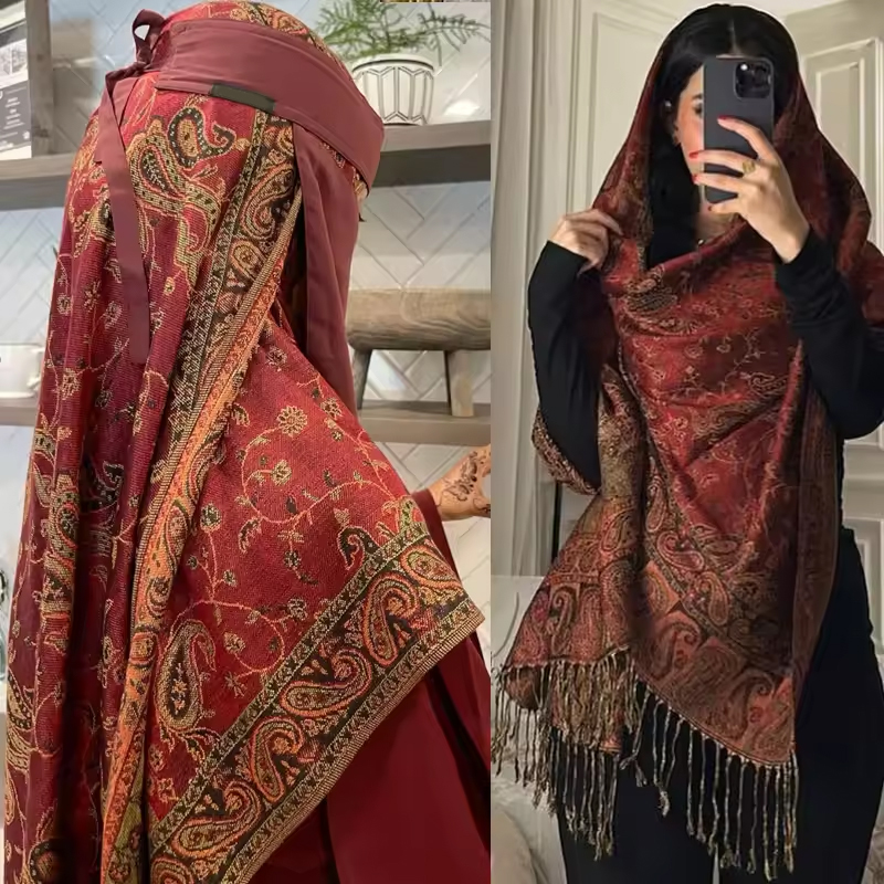 Nouveau châle pashmina toutes saisons pour femme, écharpe de tête chaude d'hiver, foulard musulman imprimé, étole à pompons pour femme