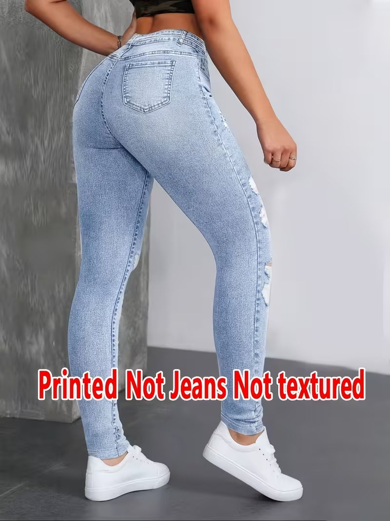 Leggings imprimés – Tissu non en denim, leggings imprimés avec motif imitation denim, avec poches et boutons décoratifs, grande élasticité, nouveauté.