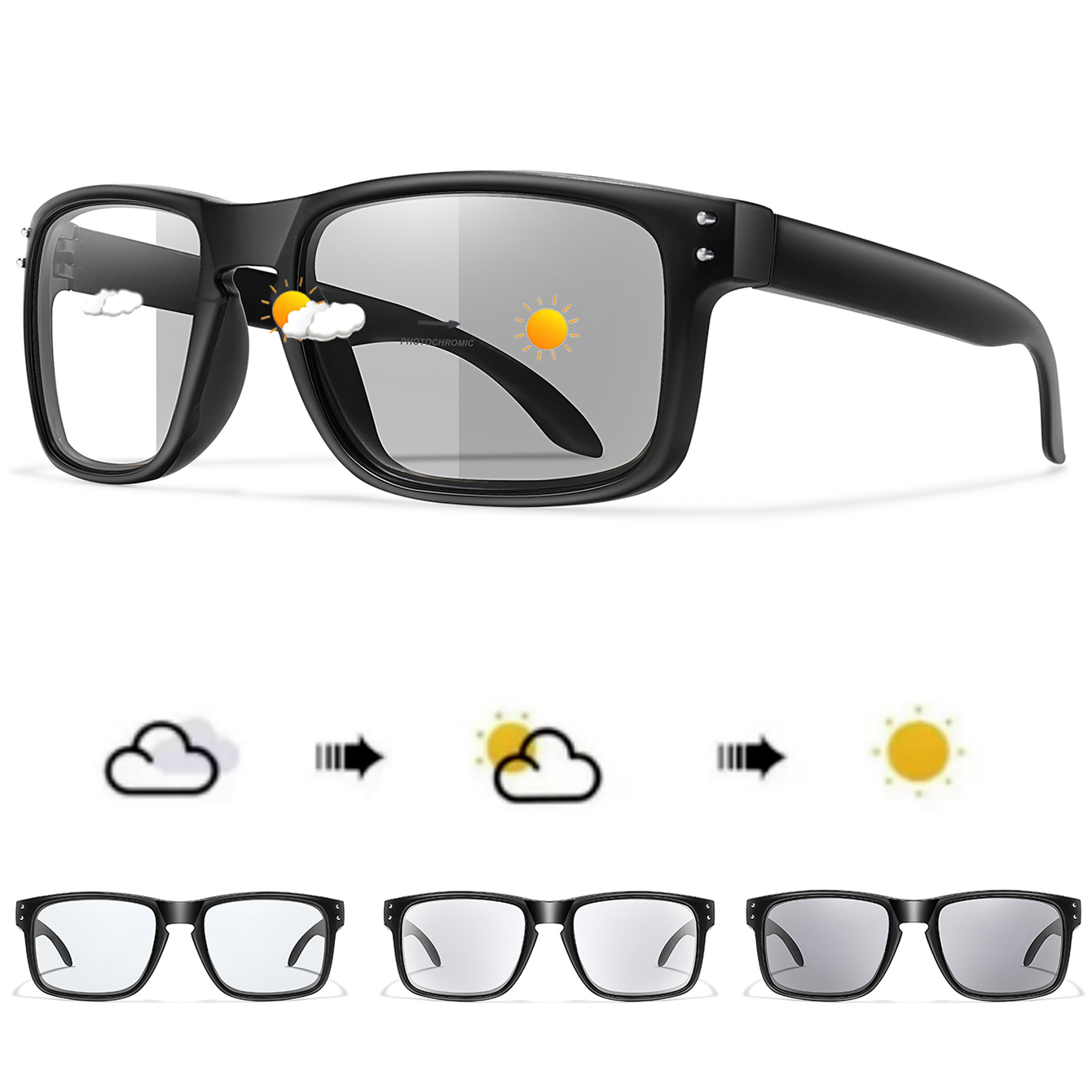 Lunettes de soleil photochromiques pour hommes et femmes, lunettes carrées coupe-vent, lunettes classiques simples, sports de plein air, cyclisme, VTT, vélo