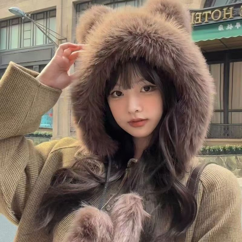 Chapeau d'oreille d'ours mignon en peluche pour femmes, Protection d'oreille épaisse et chaude, chapeau de vent et de neige, chapeau en peluche petit ours Lei Feng, nouvelle collection hiver