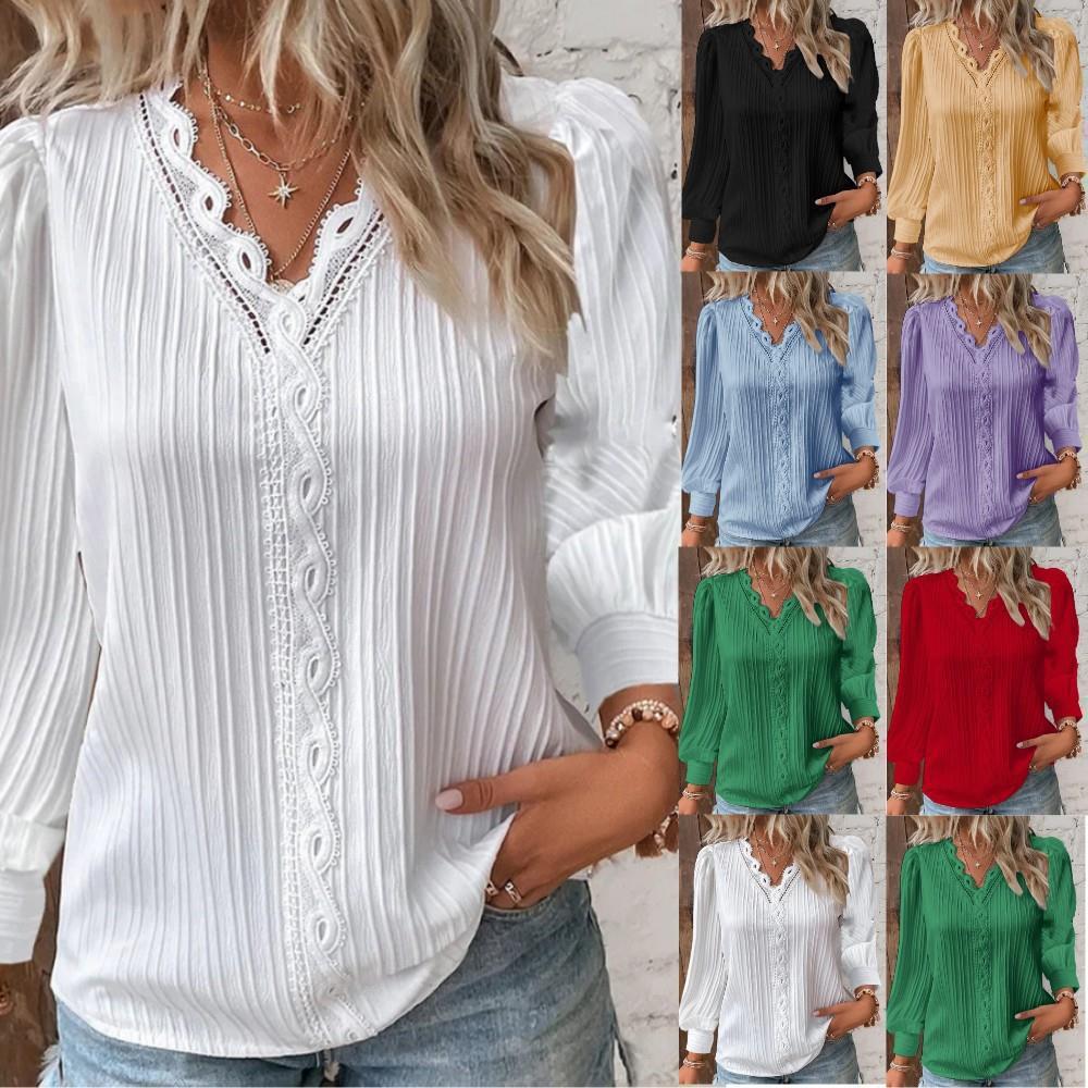 Femmes Patchwork Blouse Y-Printemps Été Femme Col En V À Manches sulfLanterne adt Blouse Chemises LRFZ-C165