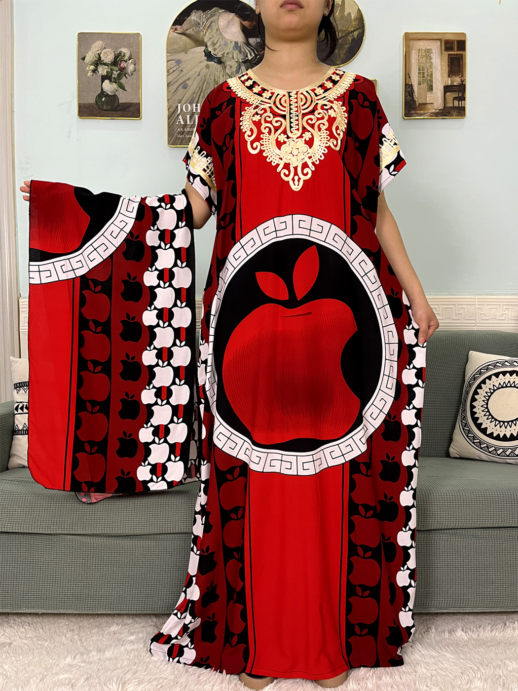 Abayas musulmanes imprimées Apple pour femmes, coton, manches courtes, caftan marocain, boubou adt, robe nigériane, robes avec turban