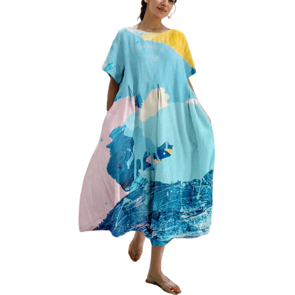Robe à imprimé floral à manches courtes pour femmes, col rond, grand ourlet, mode adt, élégant, décontracté, trajet quotidien, femme, robe trapèze, été, nouveau