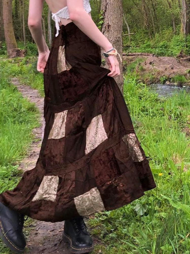 Jupes longues plissées marron pour femmes, jupes de fête mignonnes, imprimé Boho Grunge, jupes rétro Fairycore, vacances Kawaii, élégantes