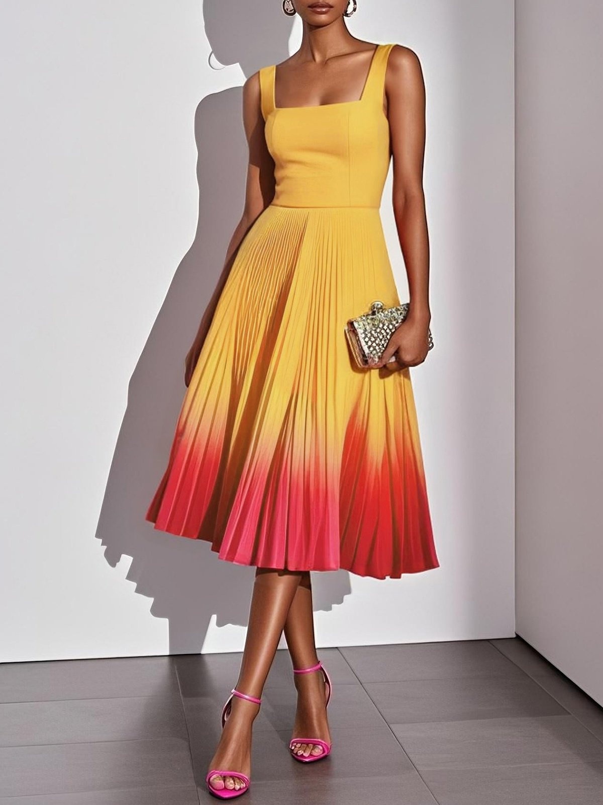 Robe midi plissée ombrée sans manches à col carré pour femme, taille haute, coupe trapèze, idéale pour les soirées