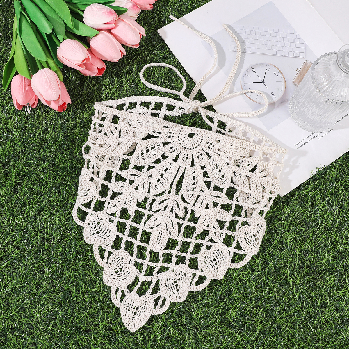 AWAYTR Foulard triangulaire français à fleurs pour femme, mode printemps, élégant, tricoté, bandeau, accessoires pour cheveux