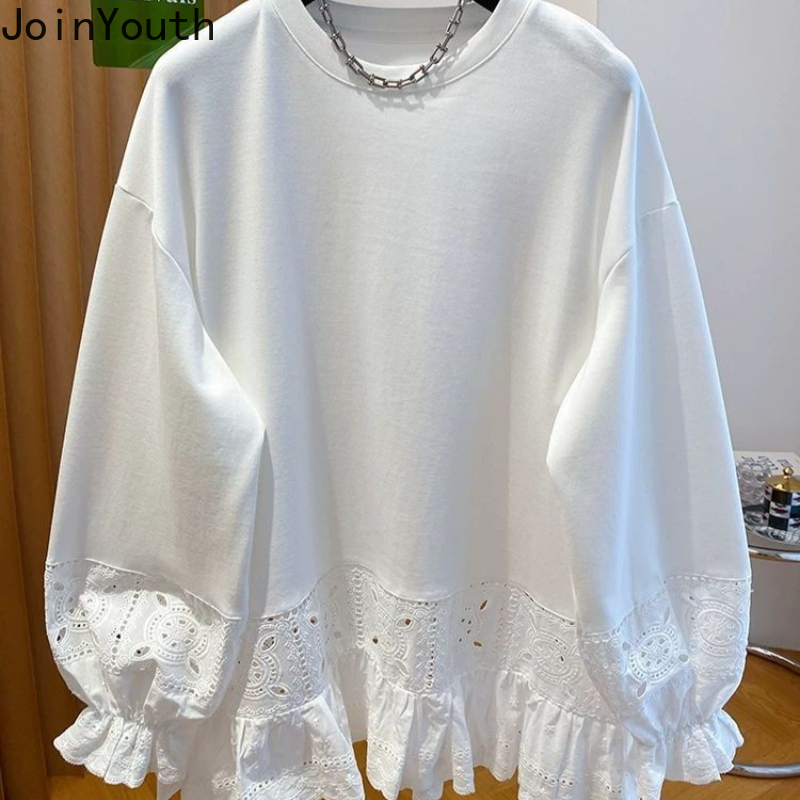 T-shirts surdimensionnés vêtements pour femmes Patchwork dentelle à manches longues t-shirts col rond décontracté Camisetas mode T-shirt blanc 2025 Ropa Mujer