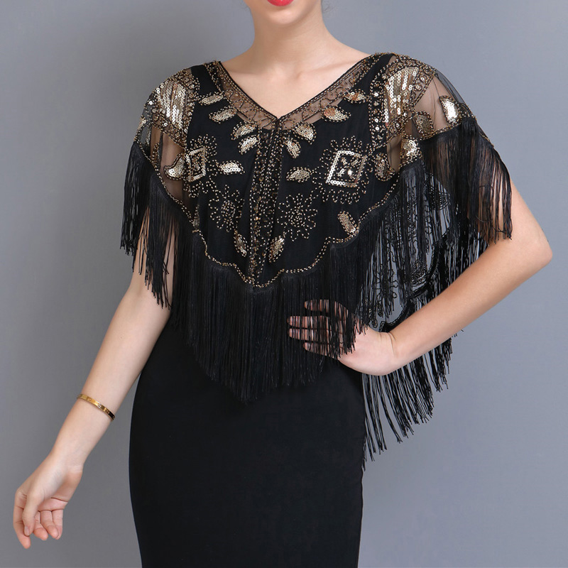 Gland Patchwork col en v Cardigans femmes Vintage châle fête dîner haut écharpe châles maille perlée cape paillettes Capelet franges