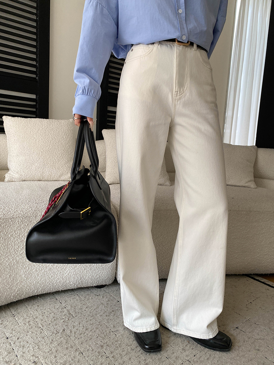 Jean taille haute à jambe large et droite pour femme, élégant et simple, idéal pour le quotidien, effet amincissant