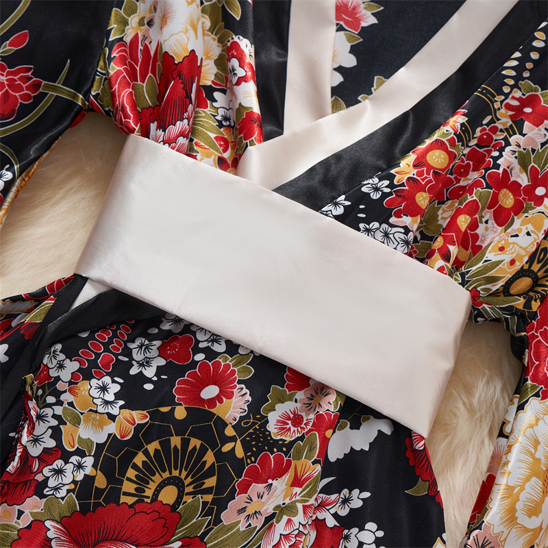 Kimono japonais col en v imprimé fleur nœud taille façonnant Cardigan robe femmes vêtements ample à manches longues Vintage tendance à lacets