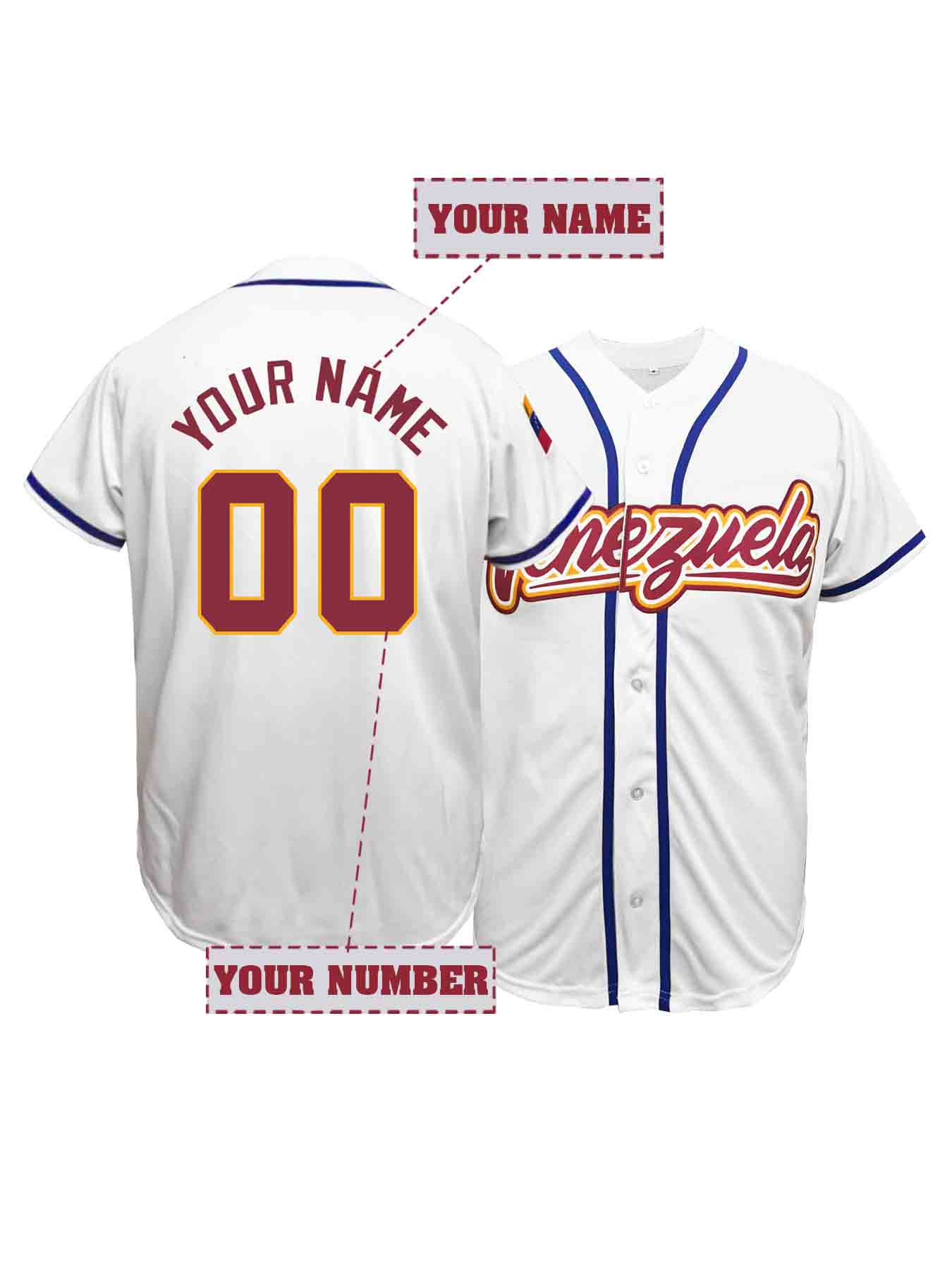Maillot de baseball Venezuela brodé personnalisé avec nom et numéro pour homme, chemises respirantes à manches courtes personnalisées, vêtements pour homme