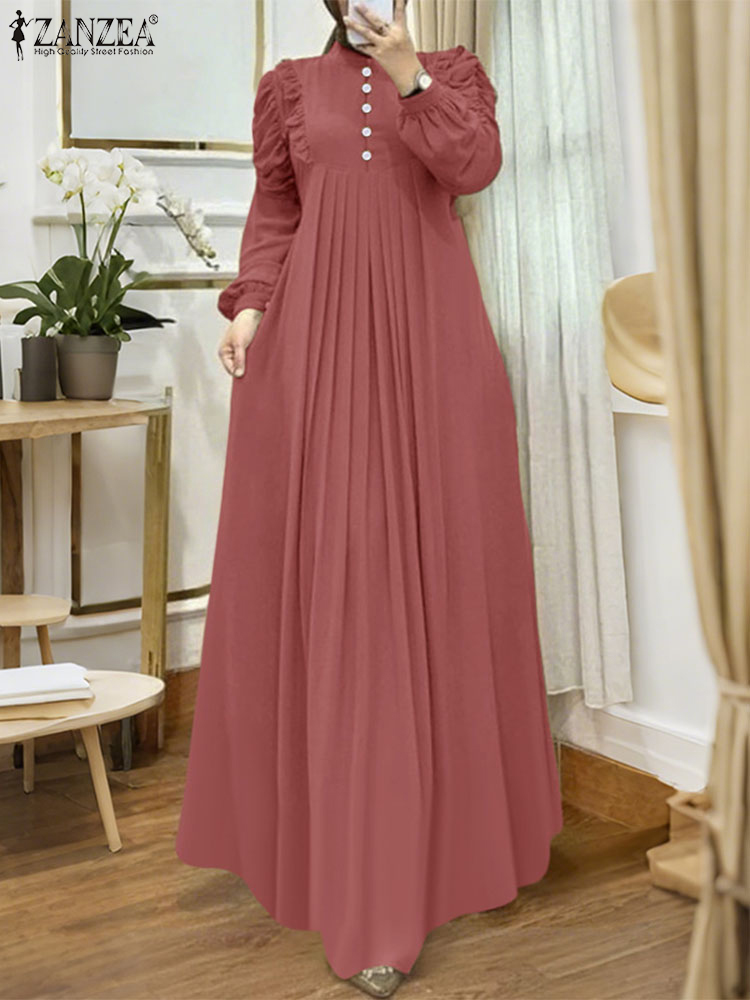 ZANZEA musulman modeste Maxi Robes femmes élégant volants garniture à manches longues plissé Abaya Robes islamique Hijabis Eid Robes 2025