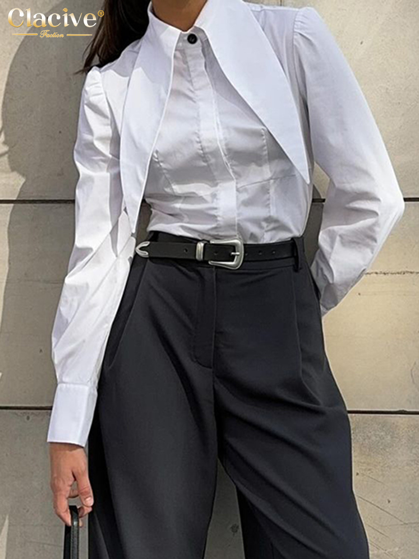 Clacive mode ample blanc coton femmes chemise 2025 décontracté revers à manches longues Blouse élégant classique solide haut femme vêtements