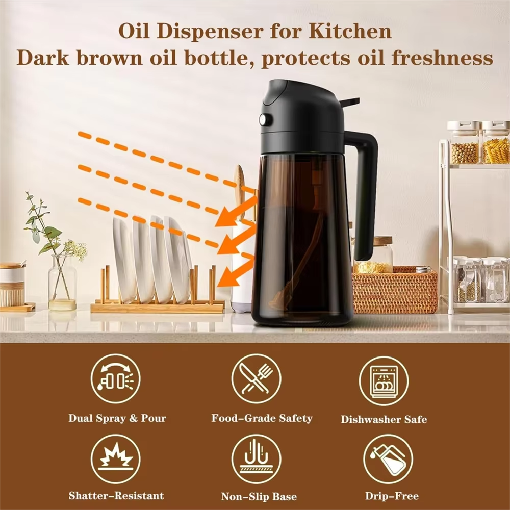 Bouteille pulvérisateur d'huile d'olive, pulvérisateur de cuisine en verre intégré pour pulvériser et verser, 16 onces / 470 ml