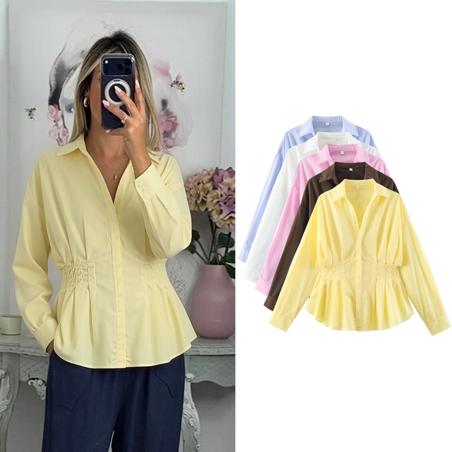 Chemisier élégant uni pour femme, printemps, plissé à la taille, simple boutonnage, manches longues, style décontracté urbain