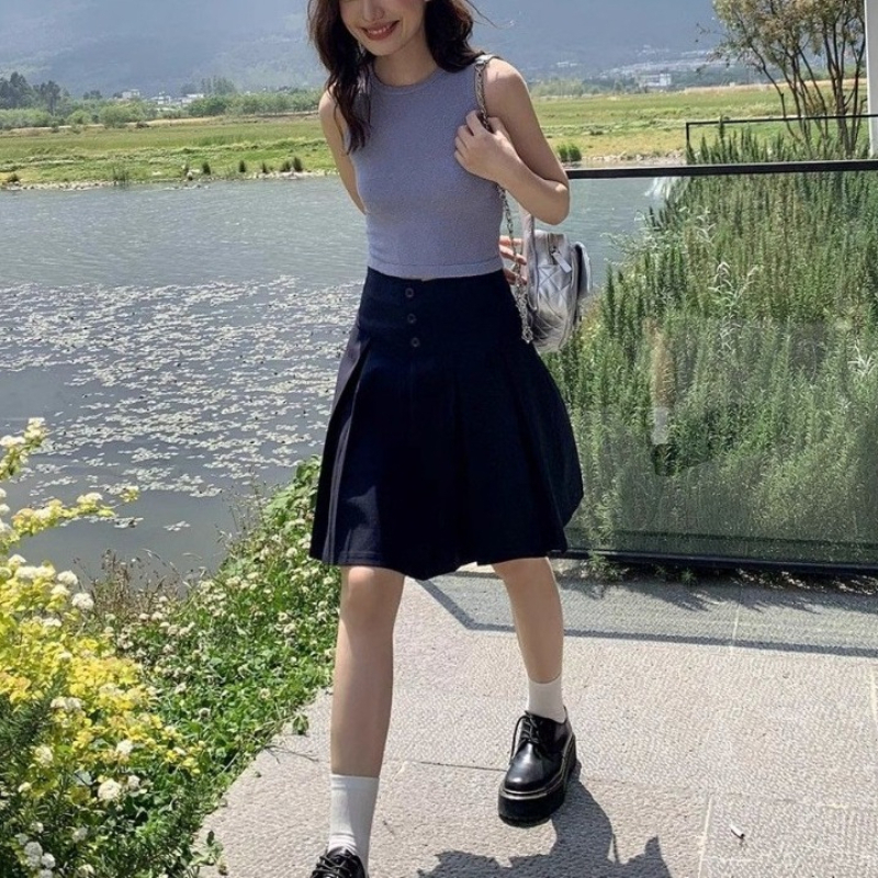 Jupe mi-longue plissée taille haute pour femme, style preppy, bleu foncé, pour le bureau ou décontractée, été