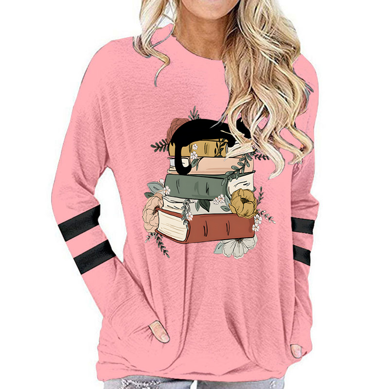 T-shirt à manches longues en coton pour femmes, Vintage chat avec livres imprimés, col rond, hauts drôles de fleurs, livres d'animaux, amoureux