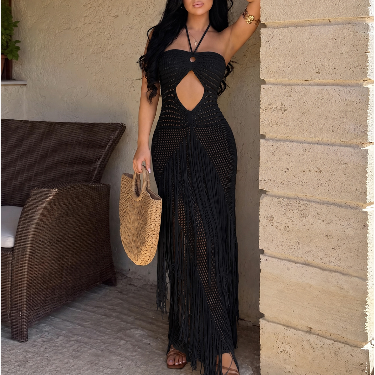 Robe licou ajustée en crochet fait main avec franges, tenue de plage estivale ajourée à nouer, style bohème
