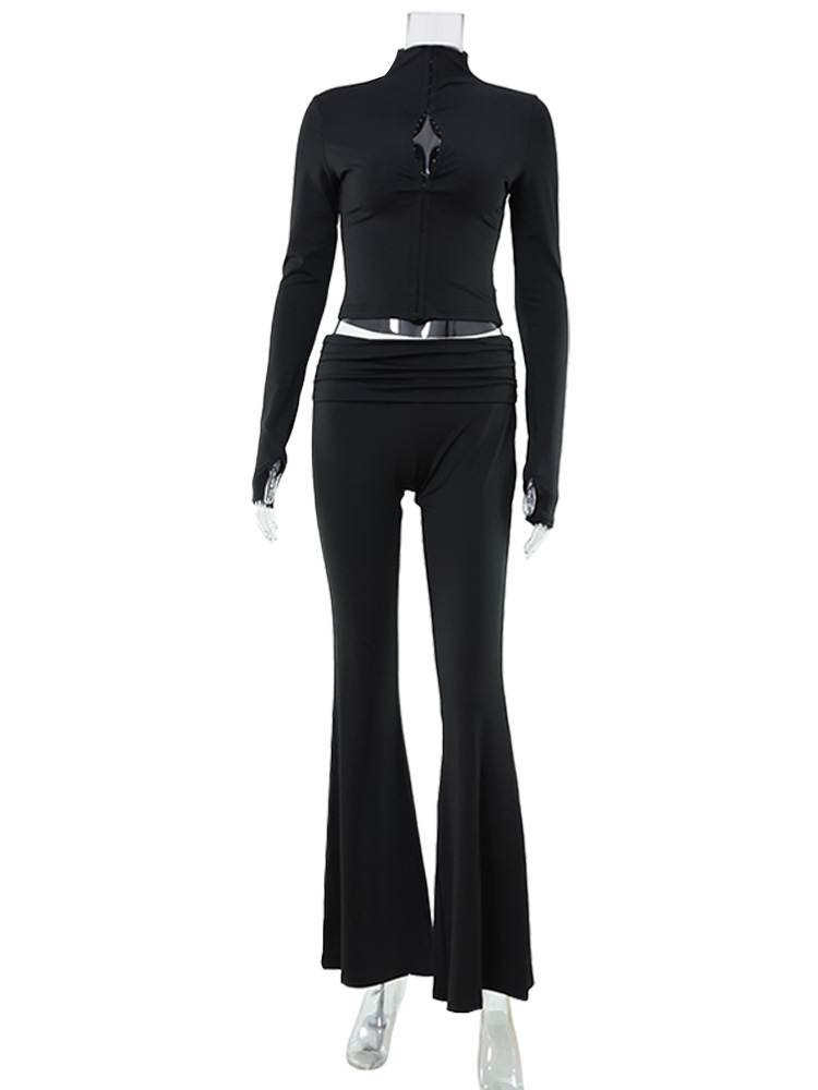 Gaine décontractée femmes costume mode Sexy col roulé à manches longues évider 2 pièces (hauts + pantalon Long) ensembles assortis femme survêtement
