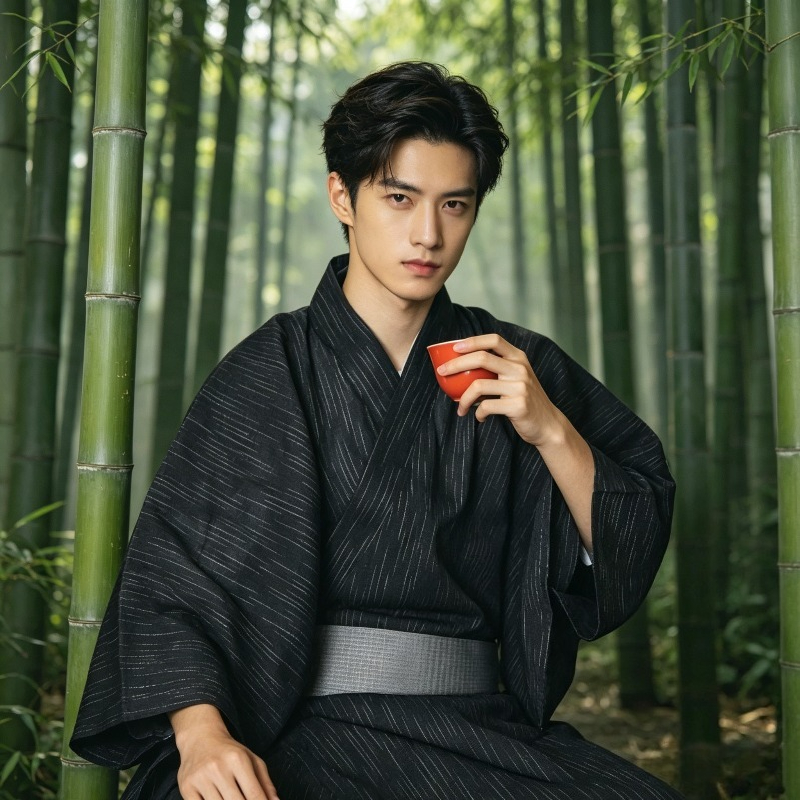 Kimono Yukata traditionnel japonais de couleur unie noire pour hommes, tenue longue d'été idéale pour la photographie en studio et le port quotidien