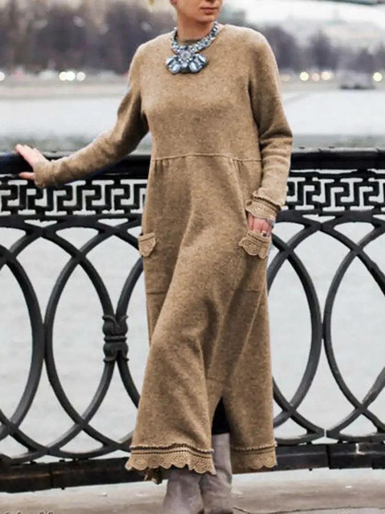 Robe longue en dentelle pour femmes, ample, Maxi, décontractée, couleur unie, avec poches, nouvelle collection automne hiver 2024