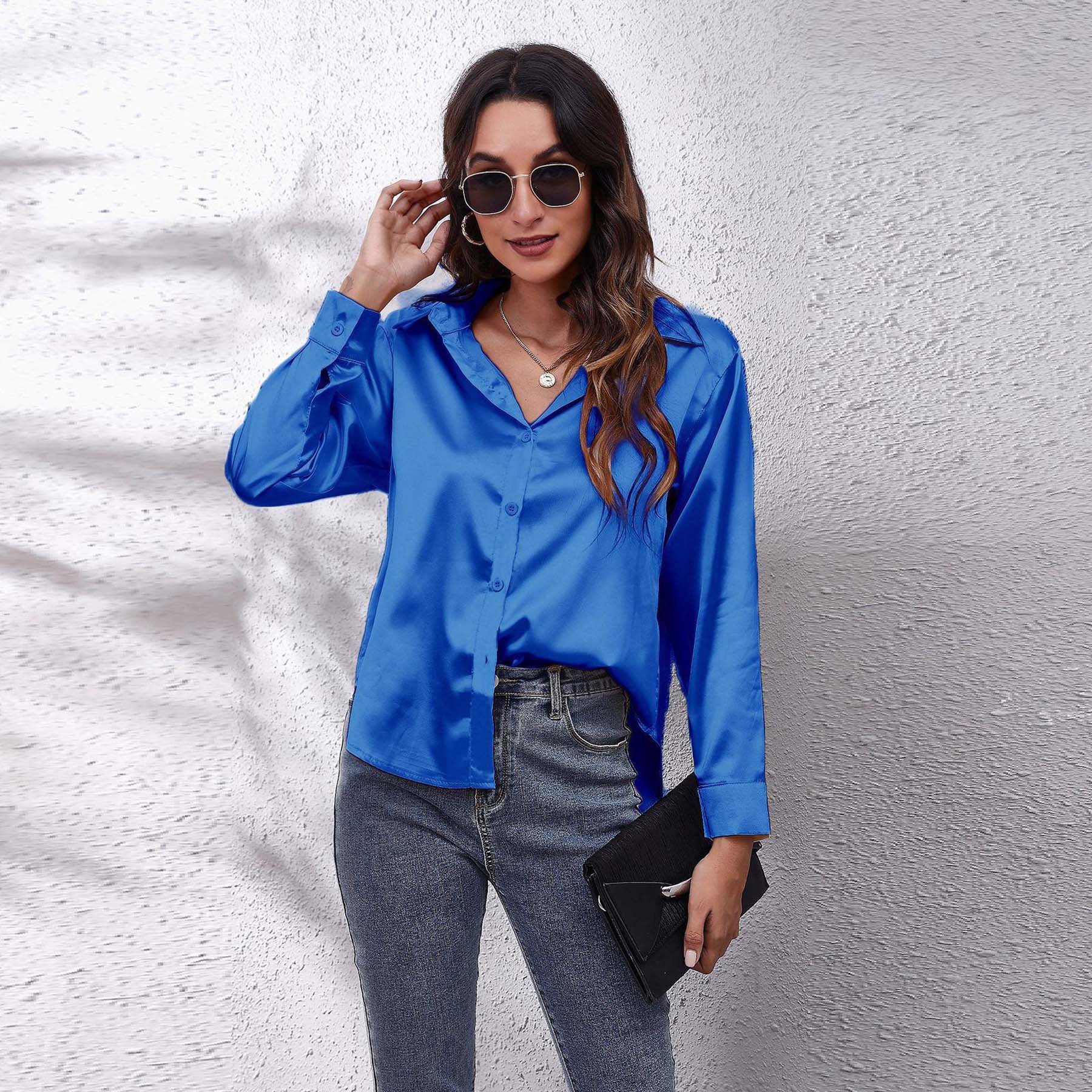 Chemisier élégant décontracté pour femme, style bureau, en satin multicolore, coupe slim, haut uni polyvalent, style français ample