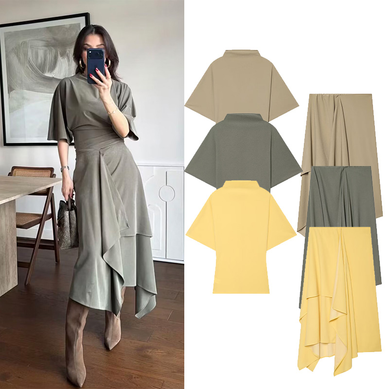 Ensembles de jupes pour femmes 2 pièces Nouveauté Automne 2026 – Haut simple à col montant et jupe midi asymétrique fluide – Tenue élégante pour femme