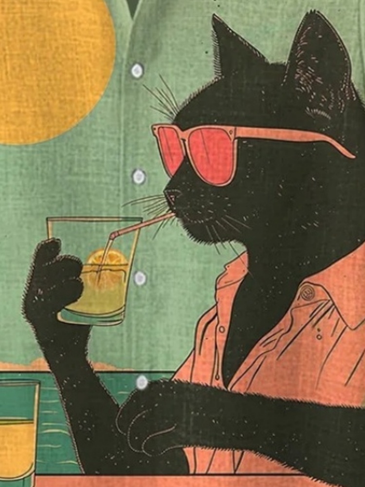Hommes coucher de soleil Cool Kimono chat vacances Art imprimé chemise décontractée Orange imprimé Style japonais vêtements d'extérieur été à manches courtes hauts Chic