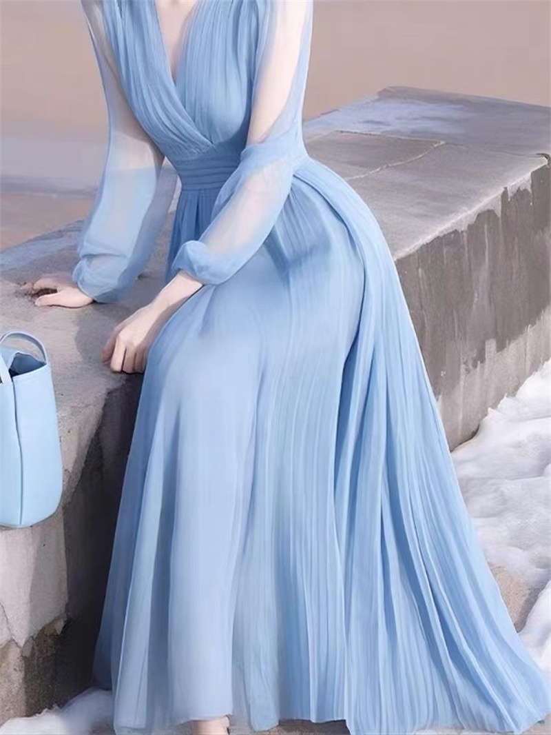 Robe longue élégante à col en V, couleur unie, volants amples, vêtements pour femmes, été 2026, nouvelle robe longue à manches longues, bleu, en mousseline de soie, robe de soirée pour femme