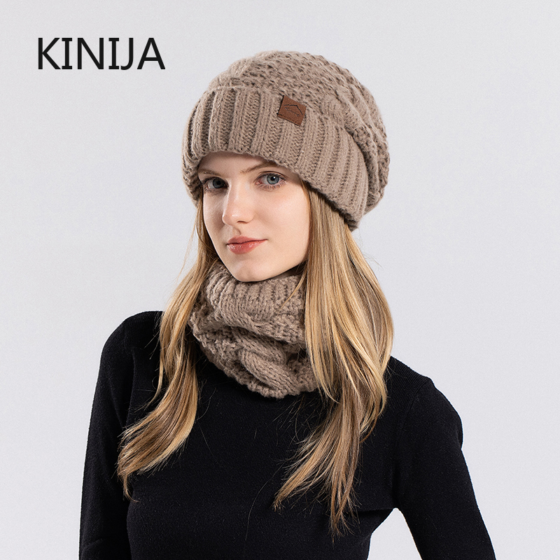Ensemble écharpe et chapeau tricoté pour femmes, doublure polaire épaisse, Skullcap, cyclisme en plein air, Protection contre le vent chaud, hiver