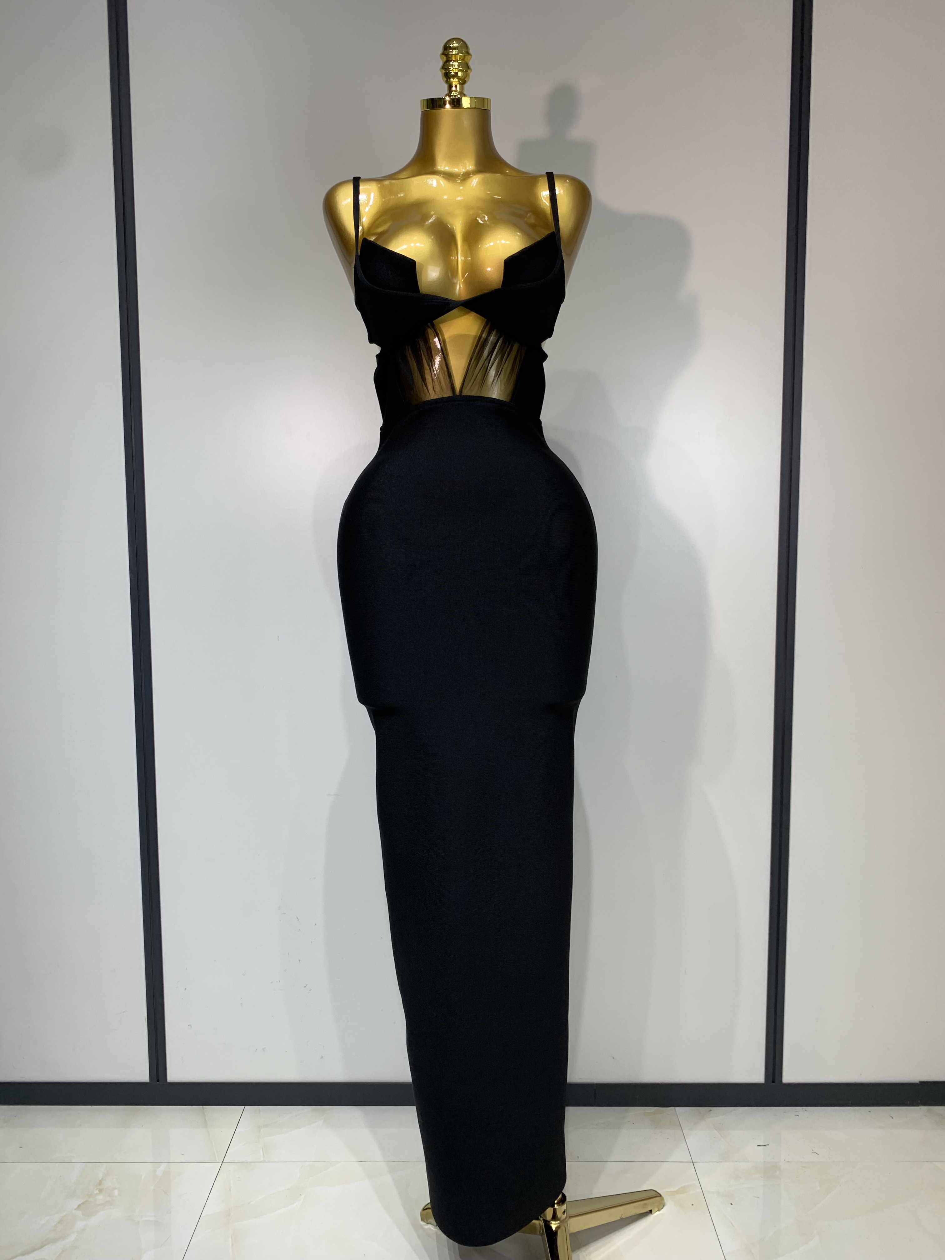Mode noir Spaghetti sangle Maxi longue robe de pansement maille découpé élégant célébrité moulante soirée Club fête robes d'anniversaire
