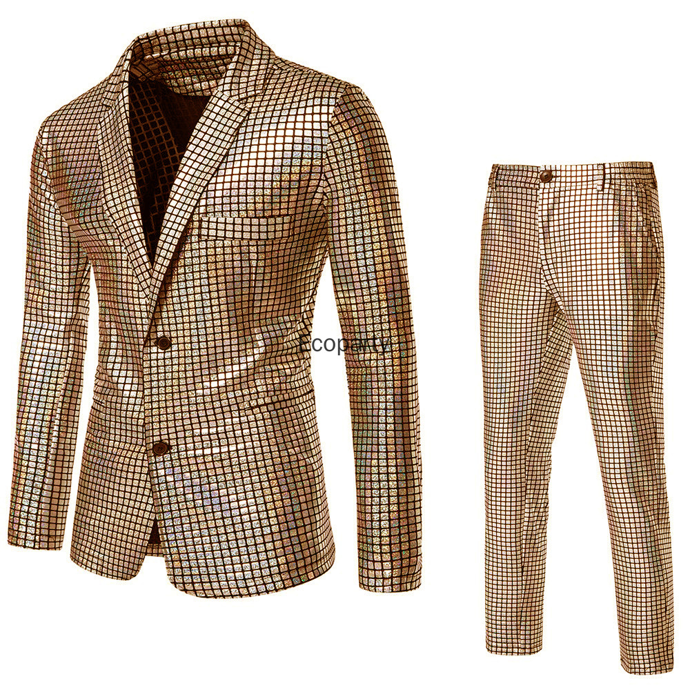 Costume de disco des années 70 pour homme, veste et pantalon à paillettes métalliques arc-en-ciel, costume de fête d'Halloween, ensemble brillant pour scène et boîte de nuit